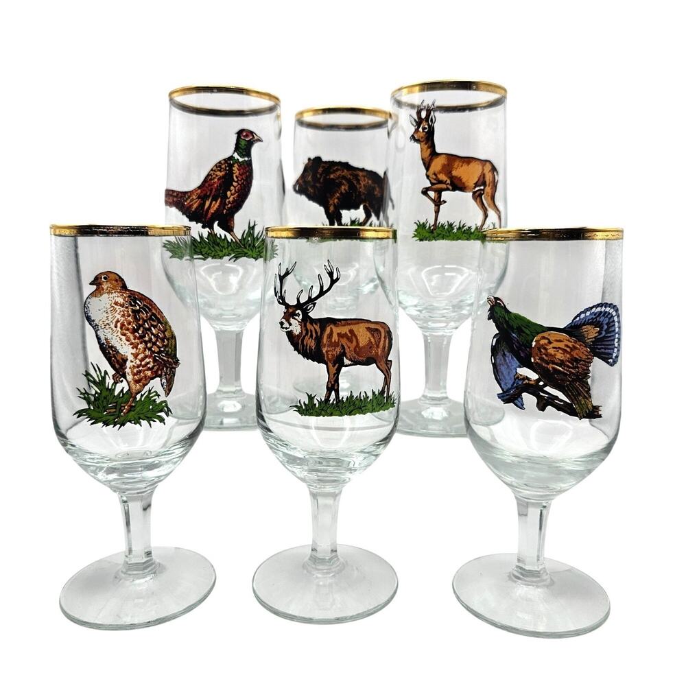 6 Vintage German Ruhrglas Hunting Beer Glasses Gold Rim Wild Game Stag Boar Hawk